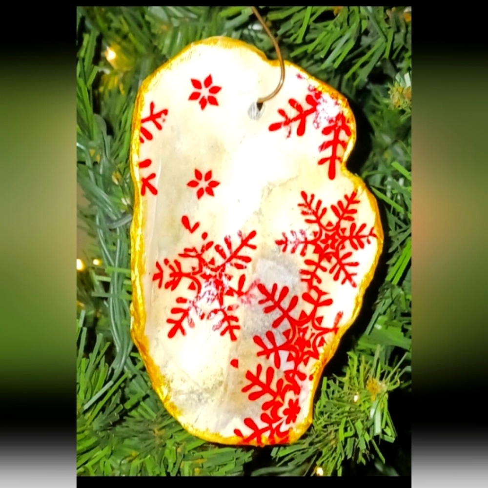 Oyster Shell Snowflake Decoupage Handmade Gold Painted Trim Christmas Ornament
